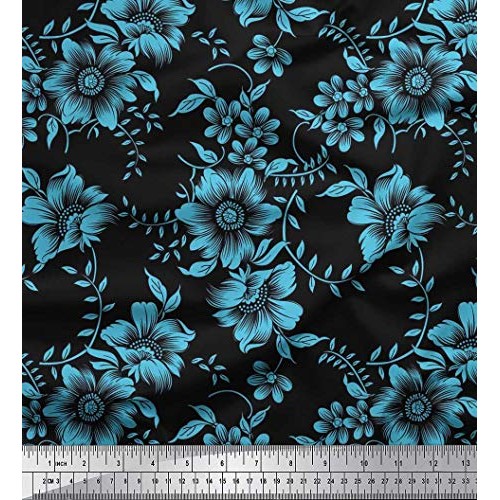 Soimoi Blue Viscose Chiffon Fabric Leaves & Floral Artistic Print ...
