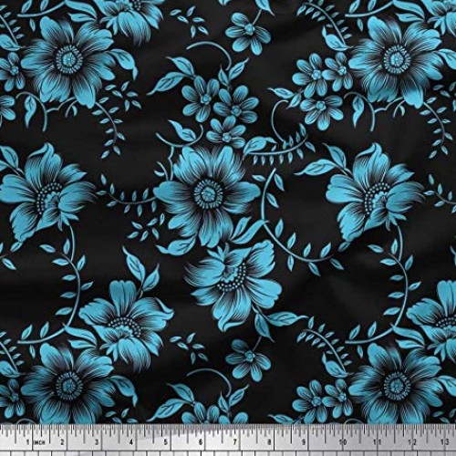 Soimoi Blue Viscose Chiffon Fabric Leaves & Floral Artistic Print ...
