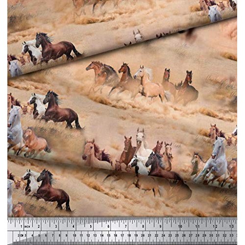 Soimoi Decorative 44 Inches Wide Pure Silk Brown Fabric Horse Prin...