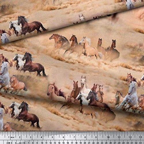 Soimoi Decorative 44 Inches Wide Pure Silk Brown Fabric Horse Prin...
