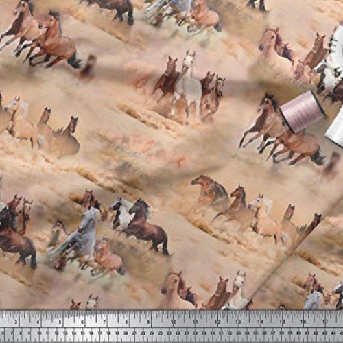 Soimoi Decorative 44 Inches Wide Pure Silk Brown Fabric Horse Prin...