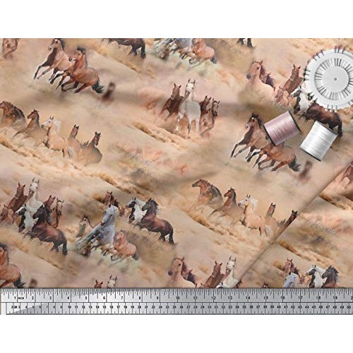 Soimoi Decorative 44 Inches Wide Pure Silk Brown Fabric Horse Prin...