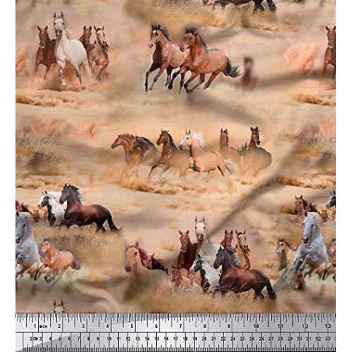 Soimoi Decorative 44 Inches Wide Pure Silk Brown Fabric Horse Prin...