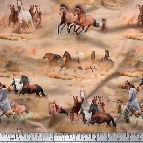 Soimoi Decorative 44 Inches Wide Pure Silk Brown Fabric Horse Prin...
