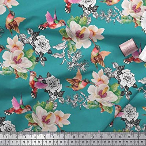 Soimoi Green Cotton Cambric Fabric Hummingbird,Leaves & Magnolia F...