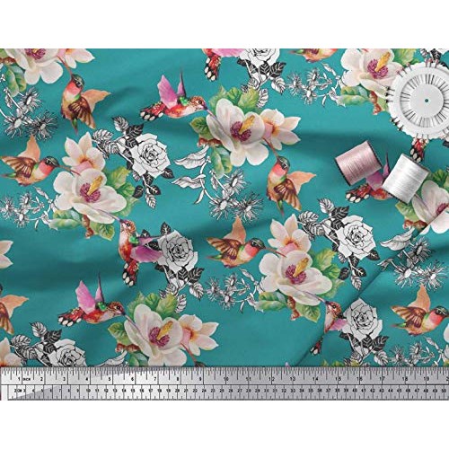 Soimoi Green Cotton Cambric Fabric Hummingbird,Leaves & Magnolia F...