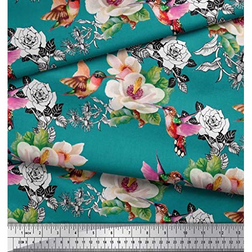 Soimoi Green Cotton Cambric Fabric Hummingbird,Leaves & Magnolia F...