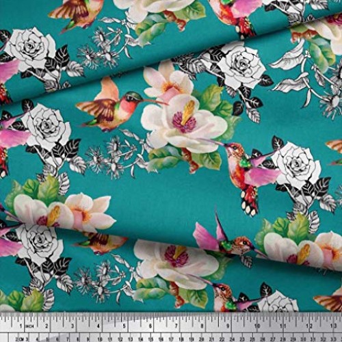 Soimoi Green Cotton Cambric Fabric Hummingbird,Leaves & Magnolia F...