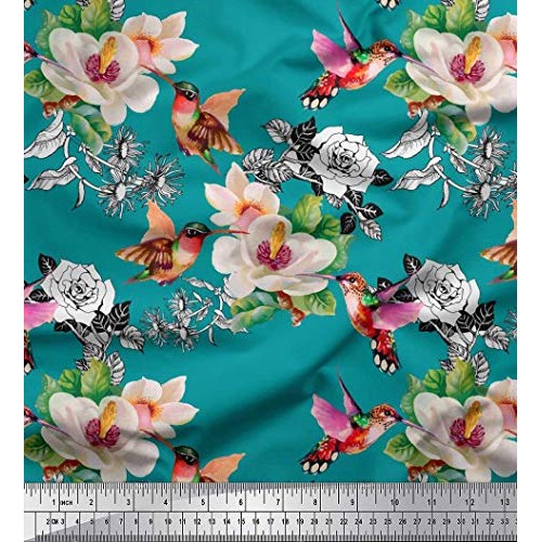 Soimoi Green Cotton Cambric Fabric Hummingbird,Leaves & Magnolia F...