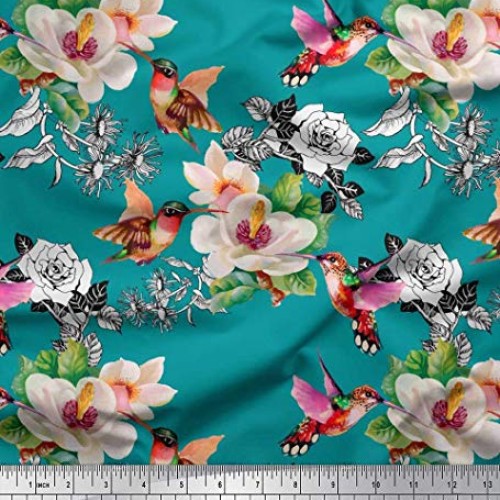 Soimoi Green Cotton Cambric Fabric Hummingbird,Leaves & Magnolia F...