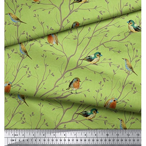 Soimoi Green Silk Fabric Leaves & Flowerpecker Bird Print Sewing F...