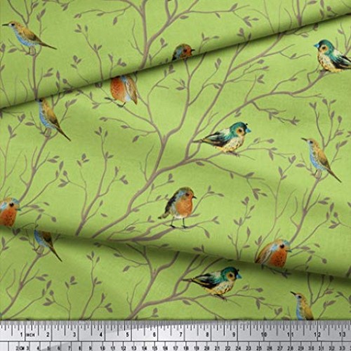 Soimoi Green Silk Fabric Leaves & Flowerpecker Bird Print Sewing F...