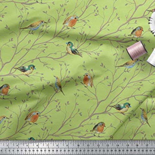 Soimoi Green Silk Fabric Leaves & Flowerpecker Bird Print Sewing F...