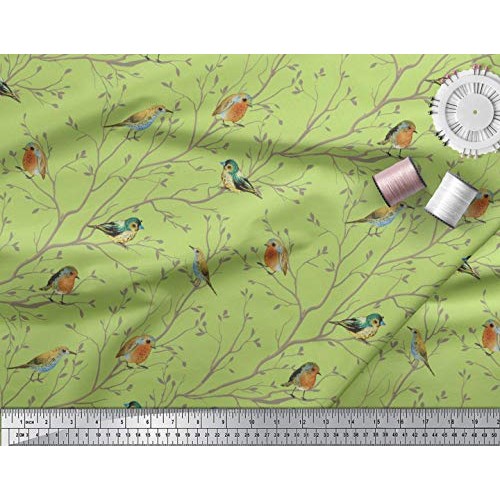 Soimoi Green Silk Fabric Leaves & Flowerpecker Bird Print Sewing F...