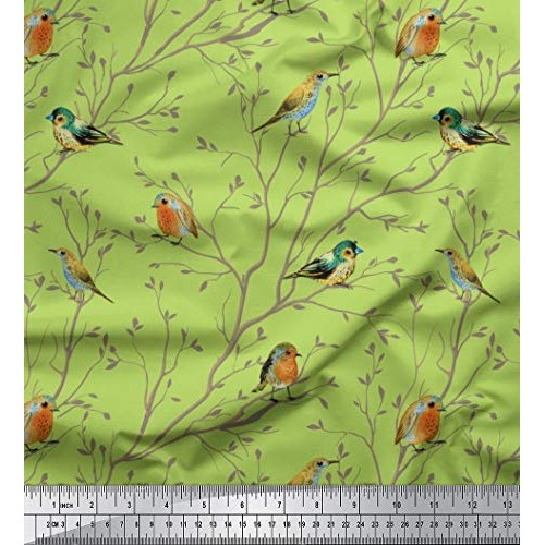Soimoi Green Silk Fabric Leaves & Flowerpecker Bird Print Sewing F...