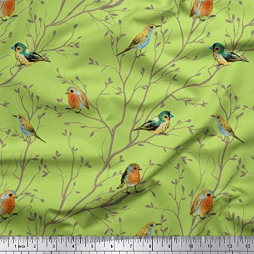 Soimoi Green Silk Fabric Leaves & Flowerpecker Bird Print Sewing F...