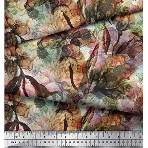 Soimoi Orange Silk Fabric Floral & Texture Print Fabric by Yard 42...