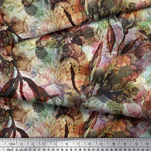 Soimoi Orange Silk Fabric Floral & Texture Print Fabric by Yard 42...