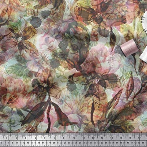 Soimoi Orange Silk Fabric Floral & Texture Print Fabric by Yard 42...