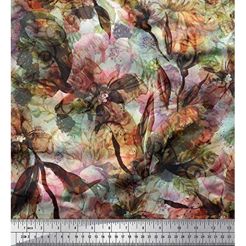 Soimoi Orange Silk Fabric Floral & Texture Print Fabric by Yard 42...