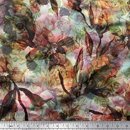 Soimoi Orange Silk Fabric Floral & Texture Print Fabric by Yard 42...