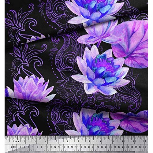 Soimoi Purple Velvet Fabric Paisley,Leaves & Lotus Flower Fabric P...