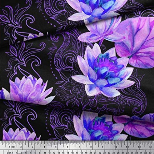 Soimoi Purple Velvet Fabric Paisley,Leaves & Lotus Flower Fabric P...
