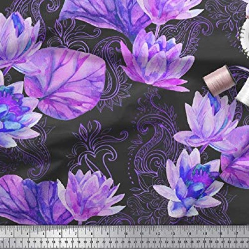 Soimoi Purple Velvet Fabric Paisley,Leaves & Lotus Flower Fabric P...