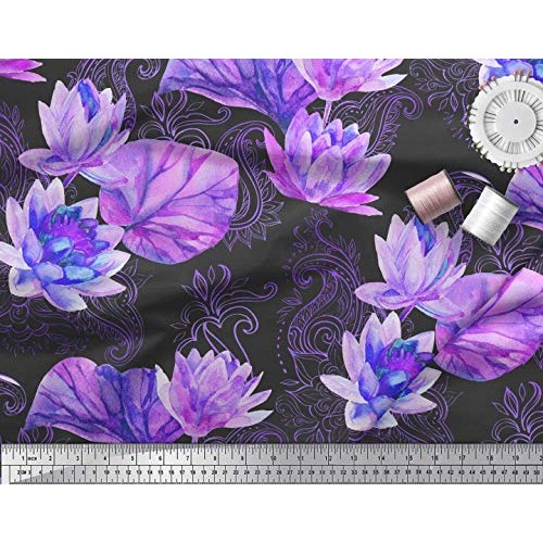 Soimoi Purple Velvet Fabric Paisley,Leaves & Lotus Flower Fabric P...