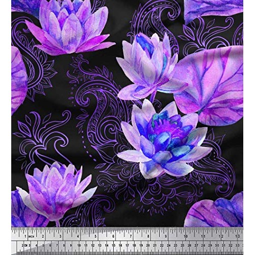 Soimoi Purple Velvet Fabric Paisley,Leaves & Lotus Flower Fabric P...