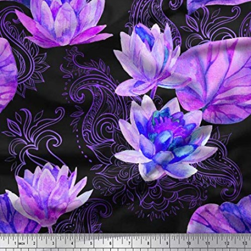 Soimoi Purple Velvet Fabric Paisley,Leaves & Lotus Flower Fabric P...