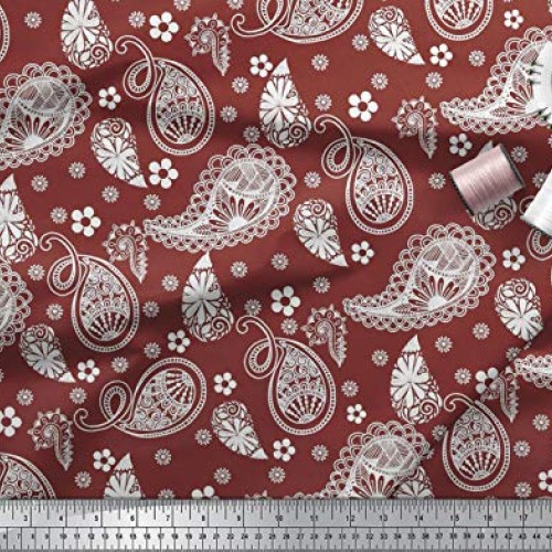 Soimoi Red Silk Fabric Floral & Paisley Print Sewing Fabric BTY 42...