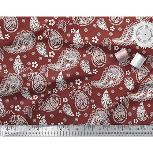 Soimoi Red Silk Fabric Floral & Paisley Print Sewing Fabric BTY 42...