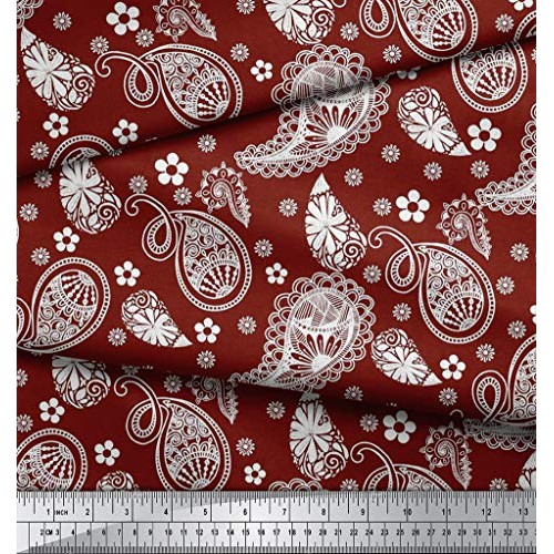 Soimoi Red Silk Fabric Floral & Paisley Print Sewing Fabric BTY 42...