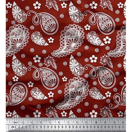 Soimoi Red Silk Fabric Floral & Paisley Print Sewing Fabric BTY 42...