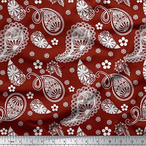 Soimoi Red Silk Fabric Floral & Paisley Print Sewing Fabric BTY 42...