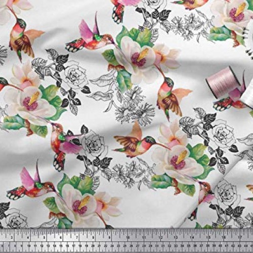 Soimoi White Silk Fabric Hummingbird,Leaves & Magnolia Floral Deco...