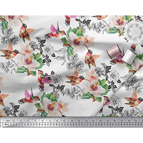 Soimoi White Silk Fabric Hummingbird,Leaves & Magnolia Floral Deco...