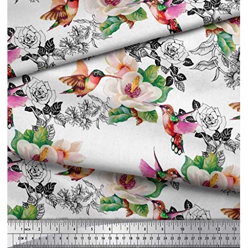 Soimoi White Silk Fabric Hummingbird,Leaves & Magnolia Floral Deco...