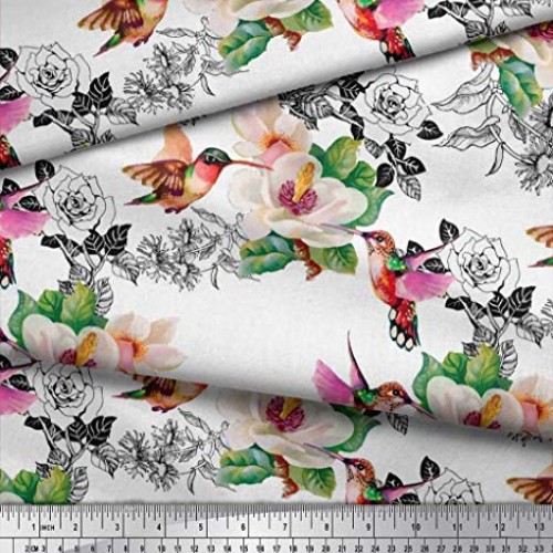 Soimoi White Silk Fabric Hummingbird,Leaves & Magnolia Floral Deco...