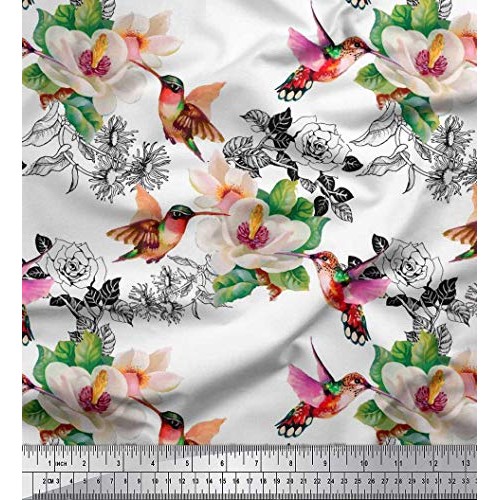 Soimoi White Silk Fabric Hummingbird,Leaves & Magnolia Floral Deco...