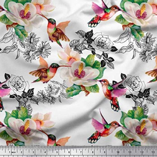 Soimoi White Silk Fabric Hummingbird,Leaves & Magnolia Floral Deco...