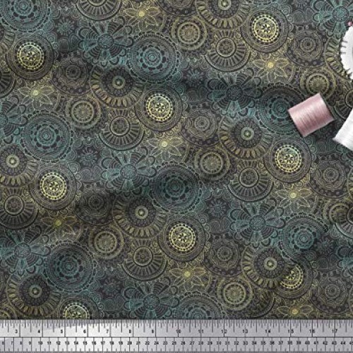 Soimoi Yellow Silk Fabric Artistic Flower Mandala Fabric Prints by...