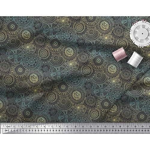 Soimoi Yellow Silk Fabric Artistic Flower Mandala Fabric Prints by...