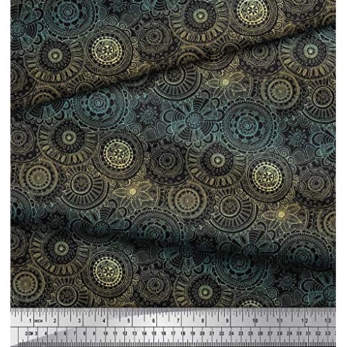 Soimoi Yellow Silk Fabric Artistic Flower Mandala Fabric Prints by...
