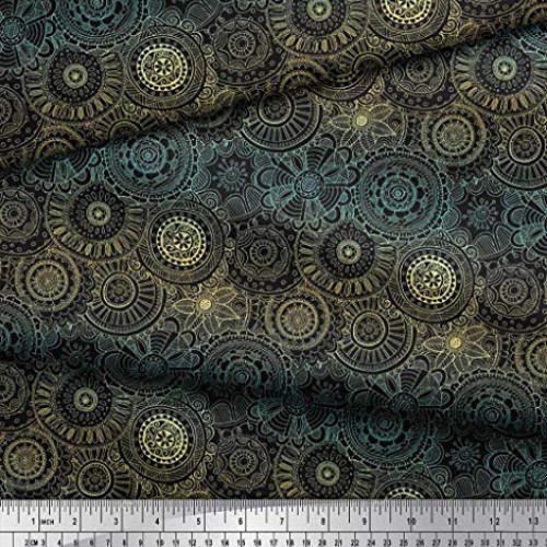 Soimoi Yellow Silk Fabric Artistic Flower Mandala Fabric Prints by...