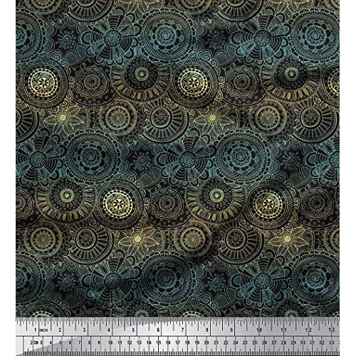 Soimoi Yellow Silk Fabric Artistic Flower Mandala Fabric Prints by...