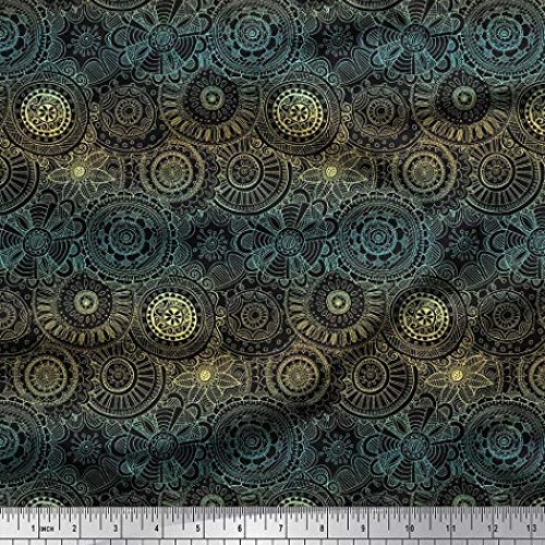 Soimoi Yellow Silk Fabric Artistic Flower Mandala Fabric Prints by...
