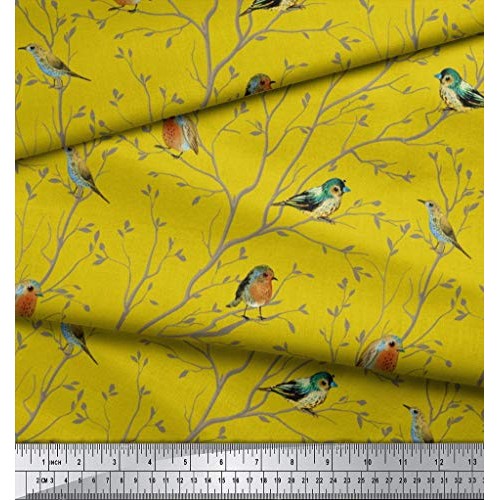 Soimoi Yellow Silk Fabric Leaves & Flowerpecker Bird Print Fabric ...