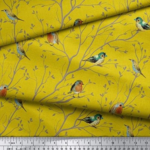 Soimoi Yellow Silk Fabric Leaves & Flowerpecker Bird Print Fabric ...